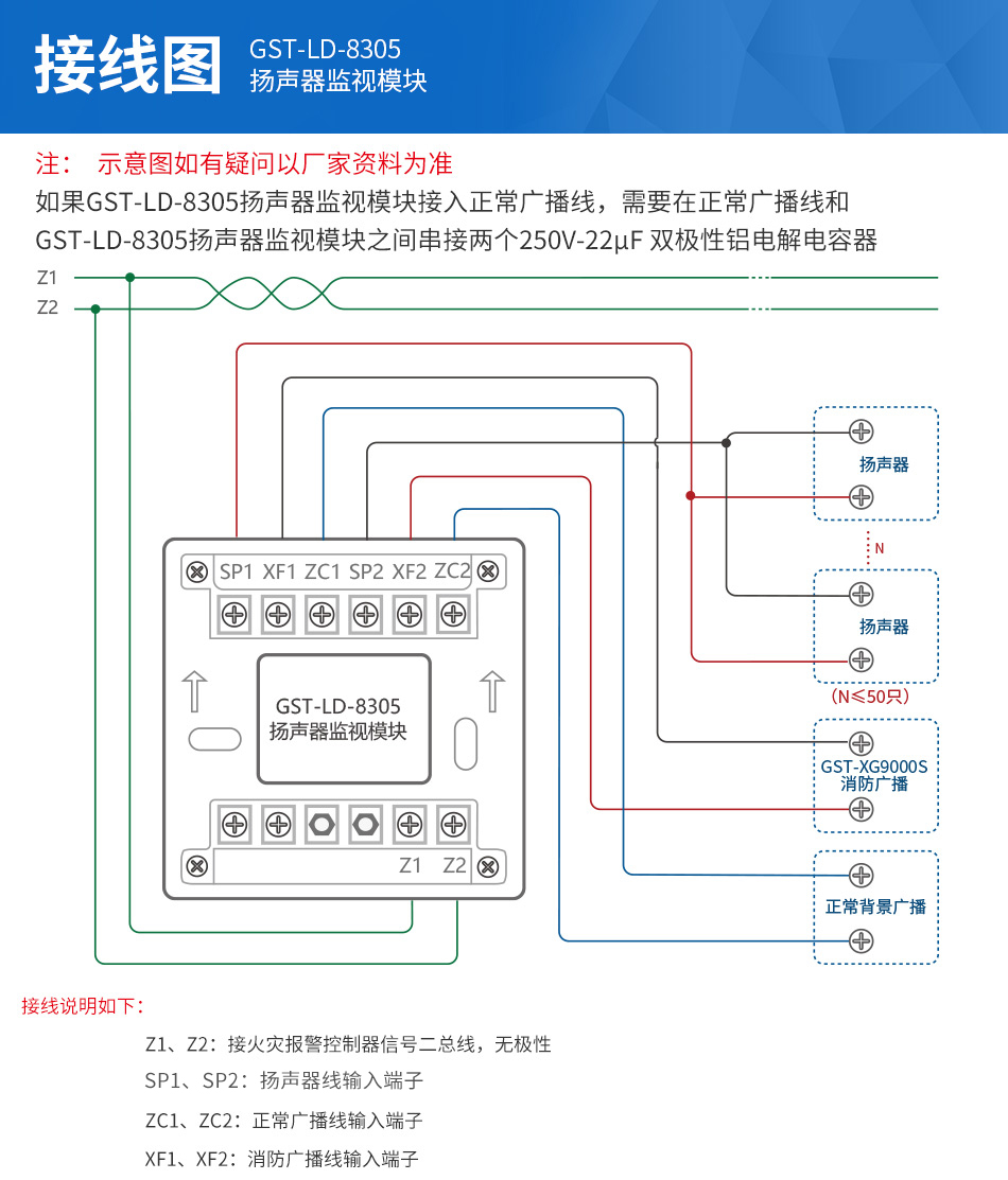 海灣GST-LD-8305揚(yáng)聲器監(jiān)視模塊接線圖